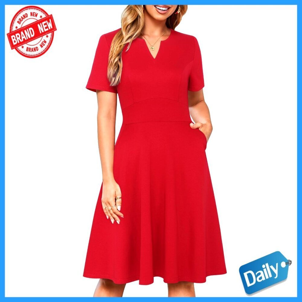 Knee Length Fit and Flare Dress with Pockets, V Neck, Short Sleeve